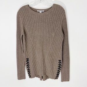 Autumn Cashmere Wool Blend Ribbed Knit Sweater with Lambswool Lace Sides